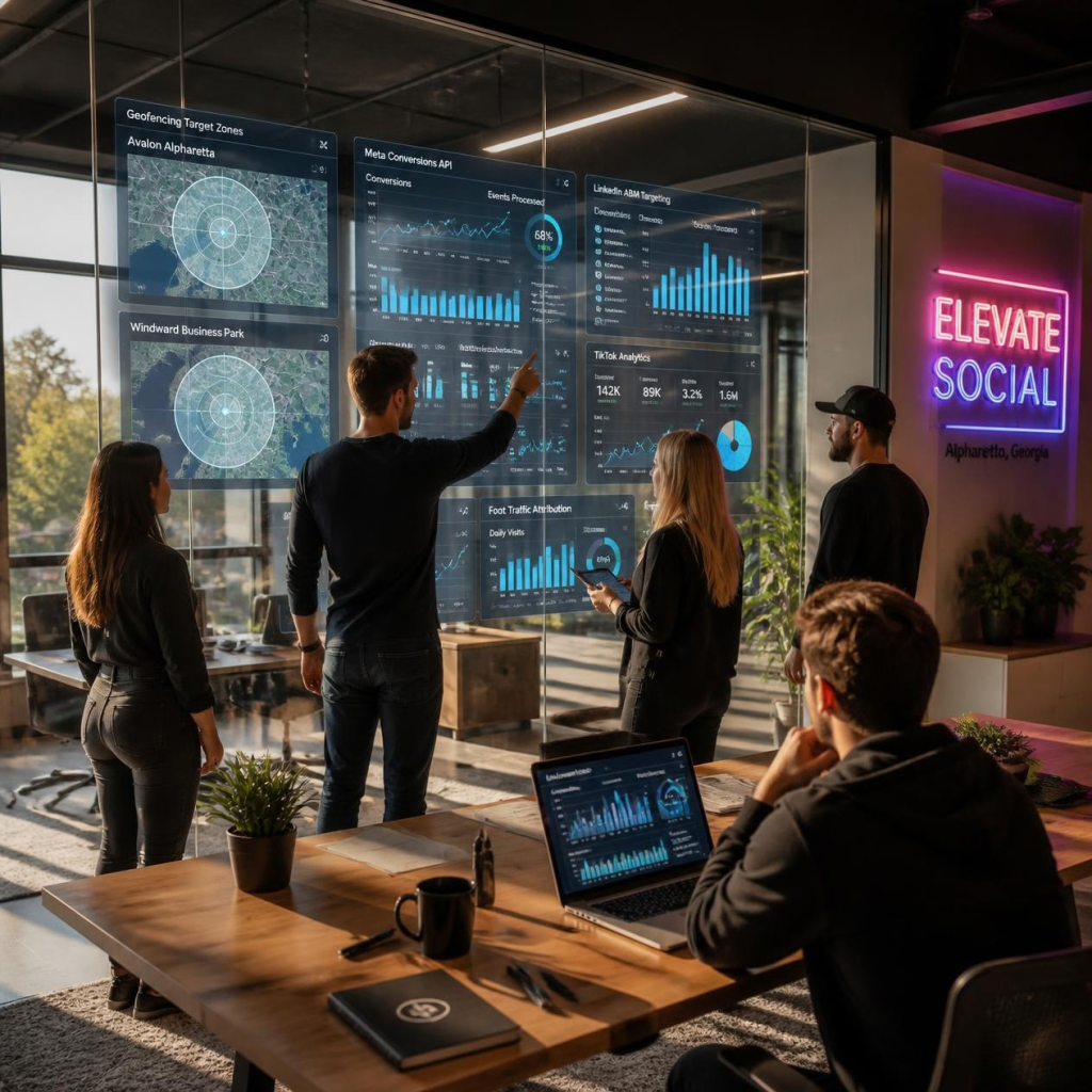 Social media marketing Alpharetta team analyzing geofence ad targeting maps around Avalon, LinkedIn ABM metrics, and offline foot-traffic attribution data.