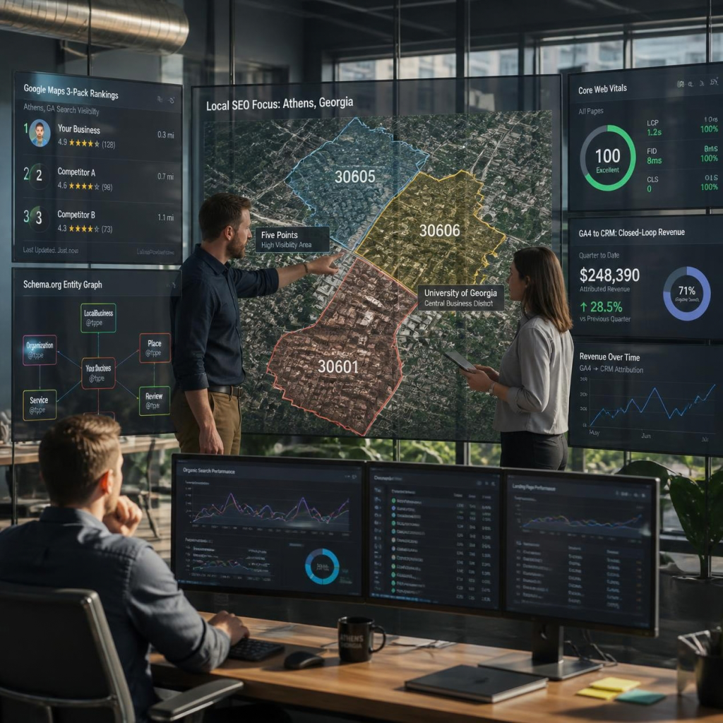 Athens SEO company team analyzing Google Business Profile 3-Pack rankings, local Schema entities, and GA4 revenue attribution dashboards in a modern tech studio.