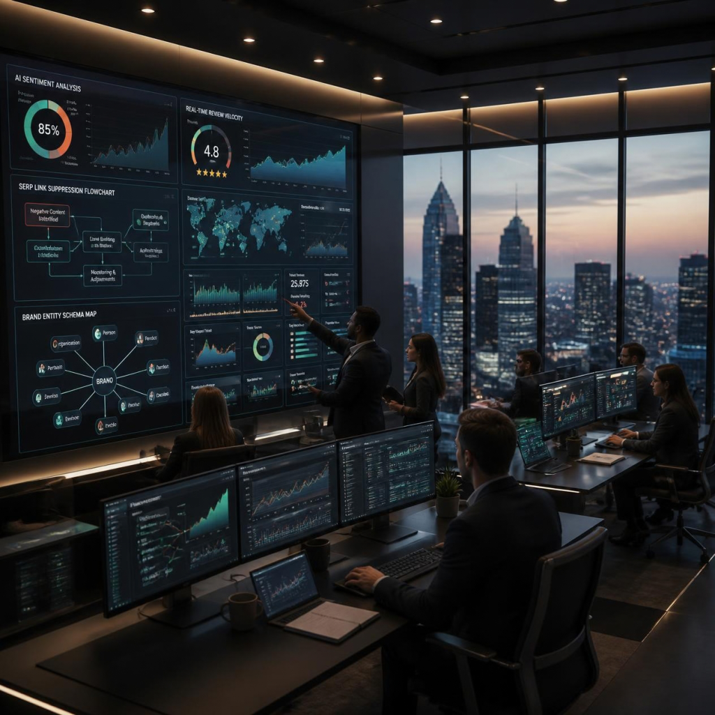 Atlanta reputation management team analyzing real-time AI sentiment scores, SERP suppression flows, and local brand trust metrics in a Midtown skyscraper studio.