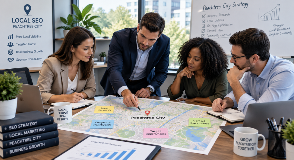 A marketing team collaborating over a printed map with sticky notes, planning local targeting for an SEO company Peachtree City.