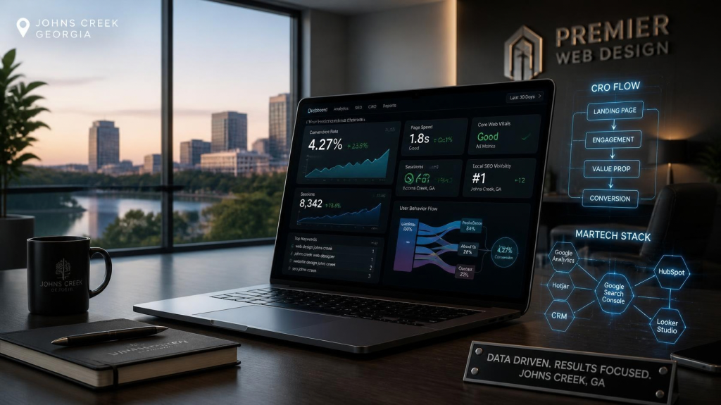 A high-tech dashboard displaying conversion rate analytics, technical SEO metrics, and performance charts for data-driven web design in Johns Creek, GA.