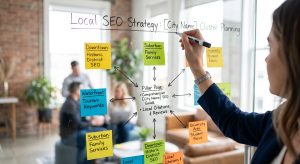 A strategist outlining a local SEO content cluster plan on a glass whiteboard, demonstrating advanced tactics for Roswell SEO