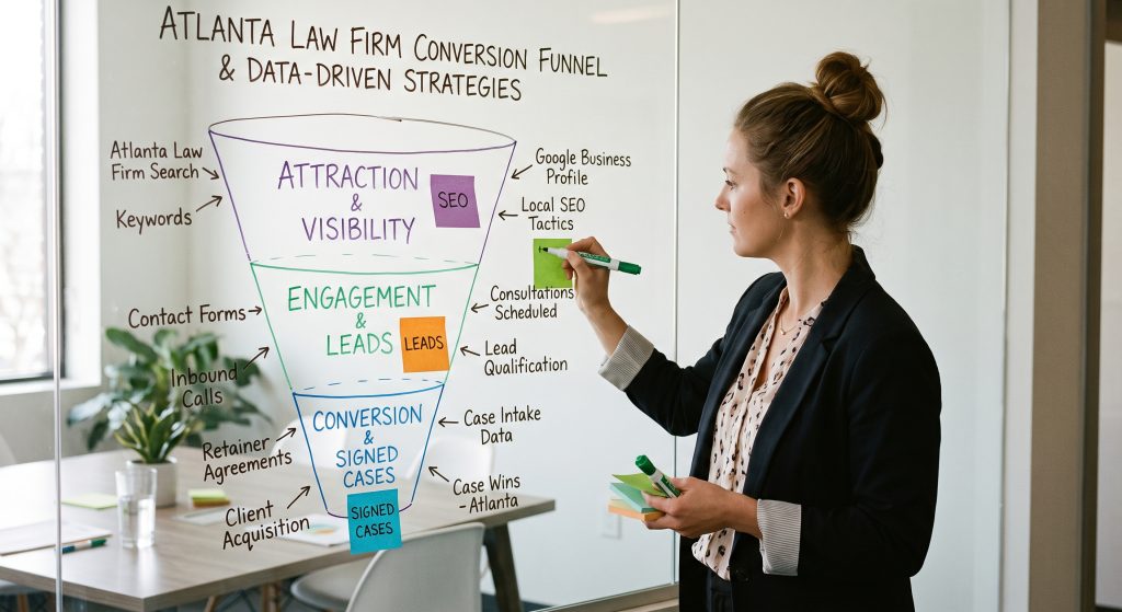 Atlanta law firm SEO conversion funnel showing local search visibility, lead generation, consultations, and signed case acquisition.