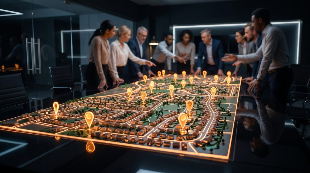 Glowing amber location pins on an illuminated 3D topographical map, illustrating local market segmentation by a top SEO company Kennesaw GA