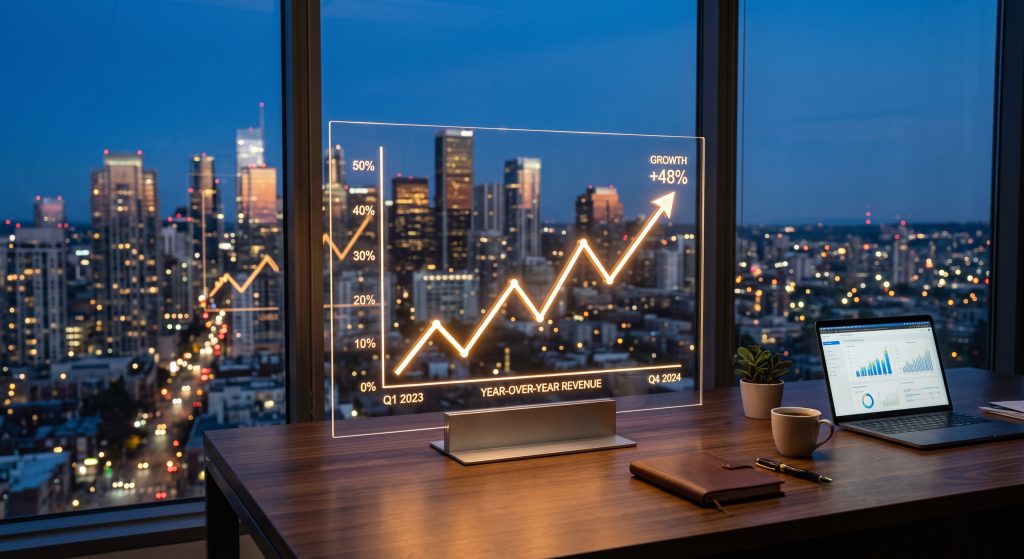 A glowing transparent graph showing year-over-year revenue growth on an office desk, representing measurable Athens SEO growth
