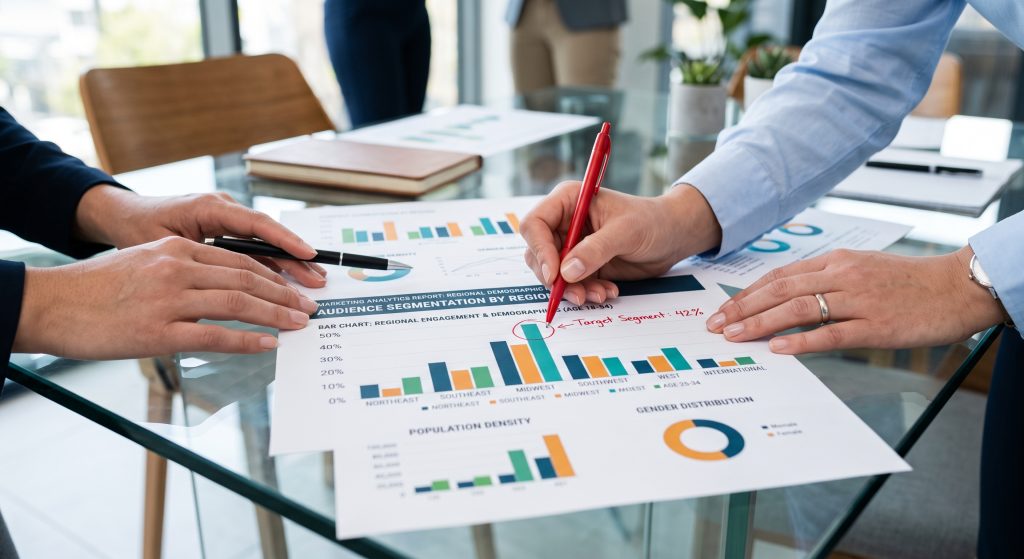 Close-up of professionals reviewing printed audience segmentation and demographic charts to optimize SEM Georgia Growth