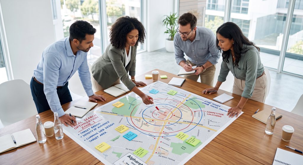 A marketing team collaborating over a printed city map with sticky notes, planning a targeted neighborhood strategy for Roswell SEO