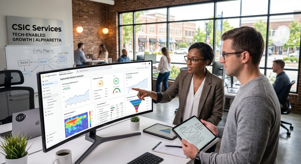 Data-driven website design Alpharetta GA agency team reviewing Google Analytics conversion metrics and Core Web Vitals on a large display screen.