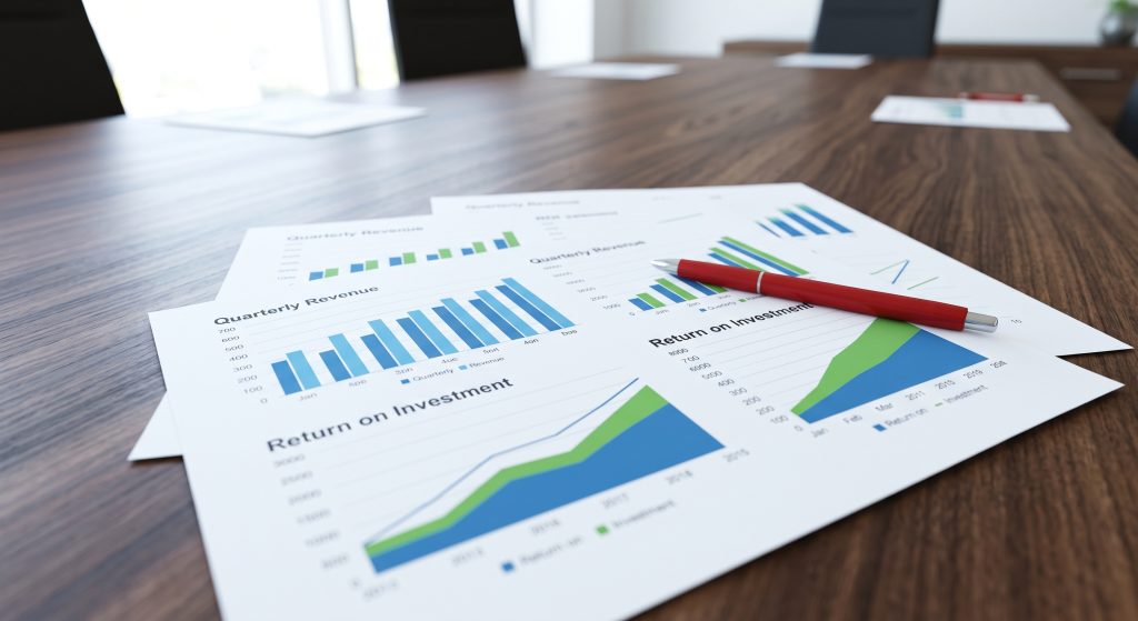 Printed business documents showing bar charts and ROI graphs on a conference table, representing a data-driven strategy for PPC Alpharetta