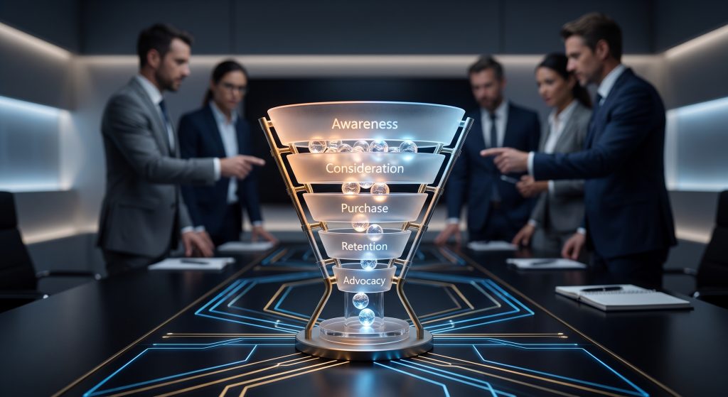 "A glowing physical glass funnel on a boardroom table, symbolizing how an SEO company in Cumming tracks leads and revenue.
