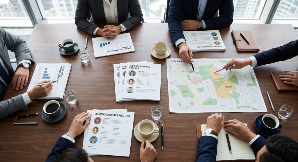 Top-down view of a team analyzing printed marketing documents and a neighborhood map to build a targeted Johns Creek SMM plan
