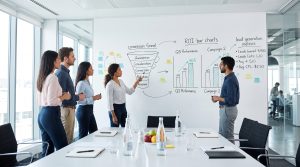 "A marketing team analyzing hand-drawn ROI charts and a sales funnel on a whiteboard, demonstrating conversion tracking for a Johns Creek SMM plan