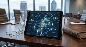 a digital tablet on a boardroom table displaying a glowing map of Atlanta with location pins, a pair of reading glasses and a leather-bound law book resting nearby, high-tech legal corporate style