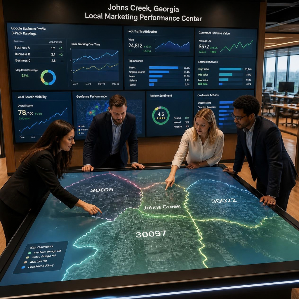 Johns Creek local marketing analytics team analyzing interactive geofencing maps, Google Maps 3-Pack rankings, and foot-traffic conversion data.