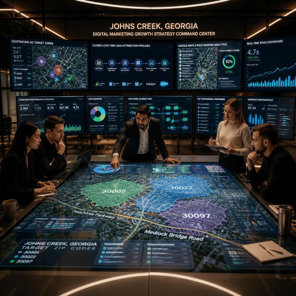 Johns Creek digital marketing agency team analyzing geofencing ad maps, CRM attribution data, and local ROI metrics in a modern growth studio.