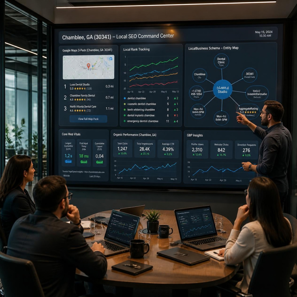 Chamblee SEO company strategy team analyzing Google Business Profile 3-Pack rankings, DeKalb County entity maps, and local conversion data on interactive wall displays.