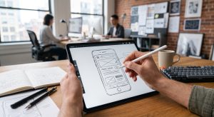 A designer sketching mobile website wireframes on a tablet, illustrating the strategic UX planning process for expert Cumming web desig
