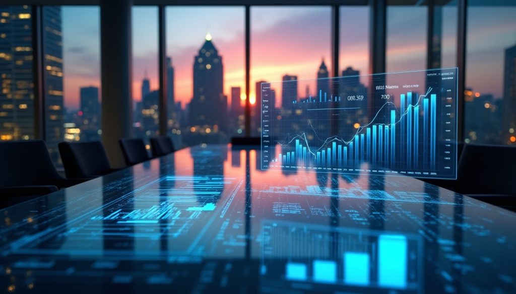 A high-tech digital dashboard displaying PPC growth metrics and ROI charts on a glass desk with the Atlanta city skyline at sunset