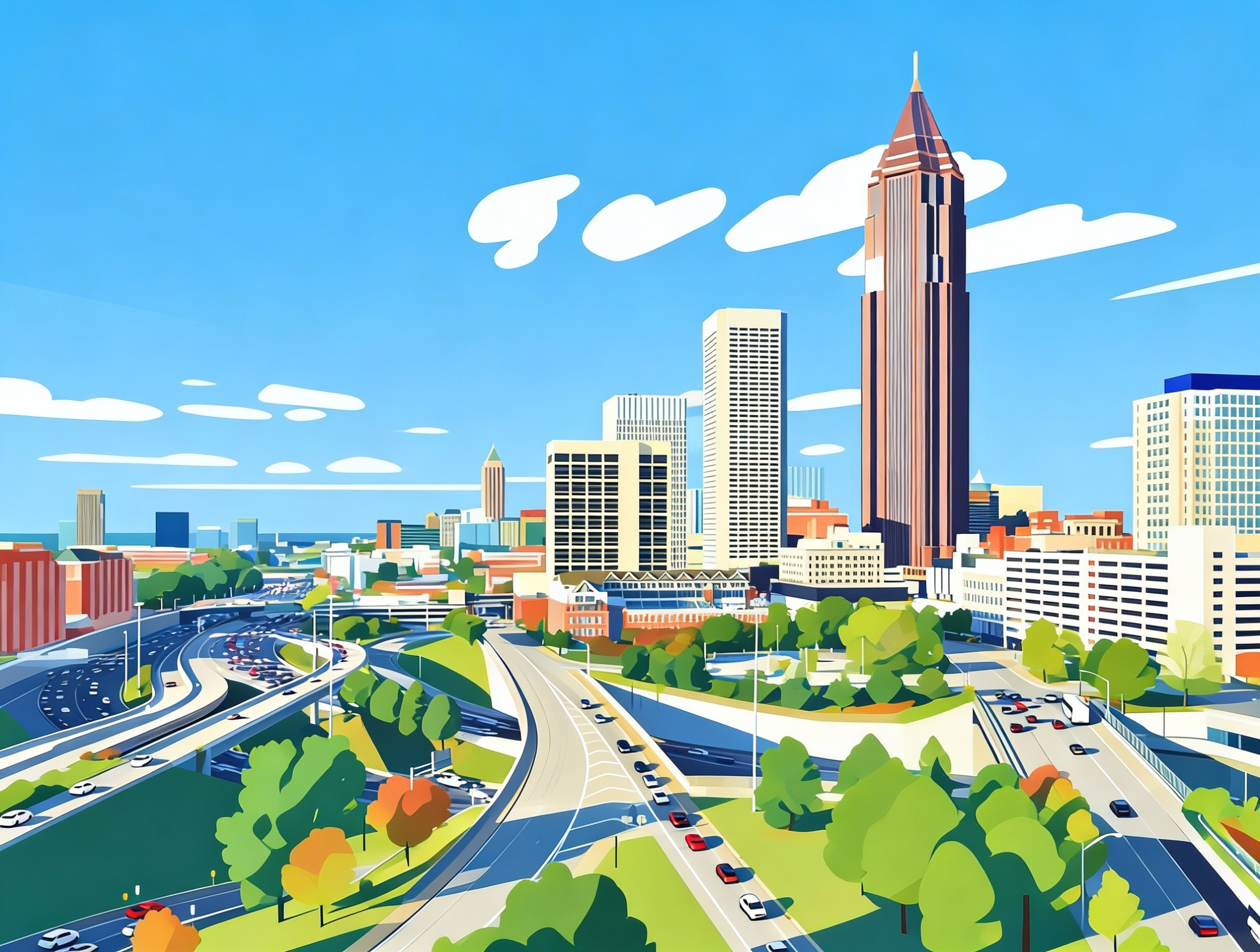 A stylized illustration of the Atlanta skyline and busy highways, representing the competitive local market managed by a data-driven Atlanta PPC company.