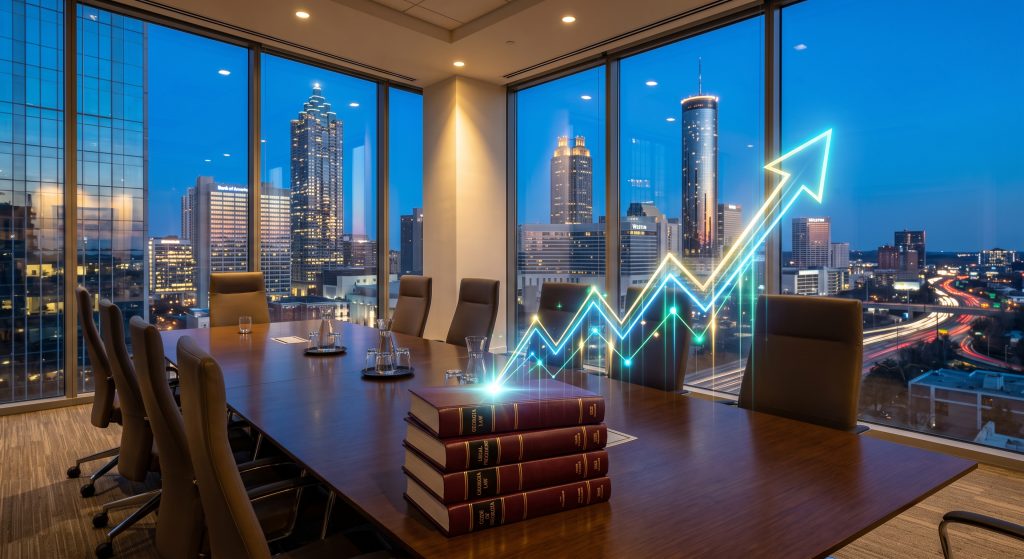 A glowing digital line graph shooting upward from leather-bound law books in a high-rise office, symbolizing Atlanta law firm SEO growth