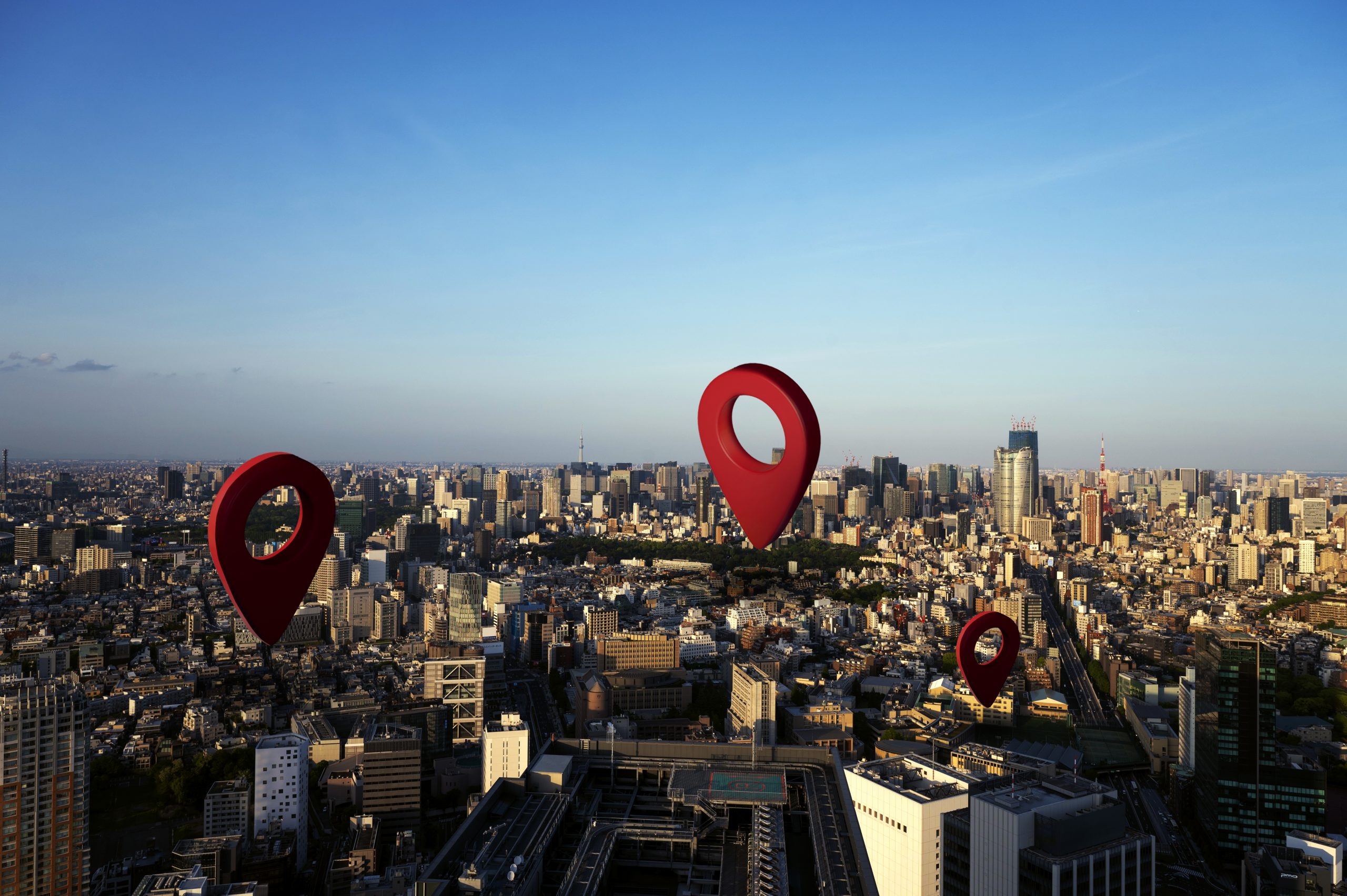 Local SEO company Canton GA strategy represented by location pins across a city, highlighting local search visibility and geographic targeting.