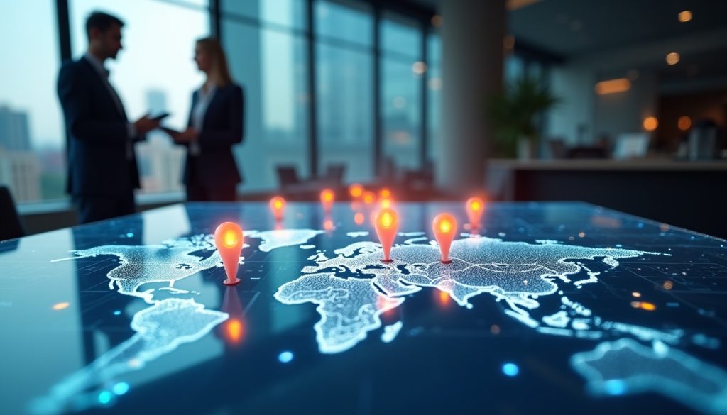 A glowing digital city map with location pins on a conference table, representing local targeting strategies by an Athens GA SEO Agency
