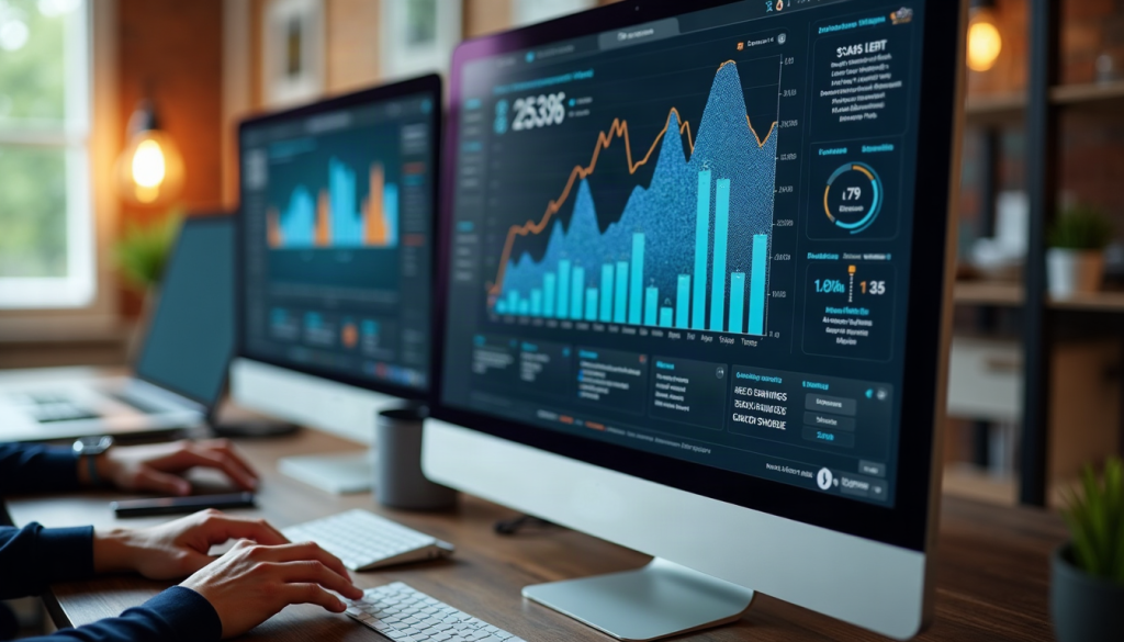 A professional workspace with dual monitors displaying detailed analytics and conversion graphs, demonstrating the data-driven approach of expert Cumming web design.