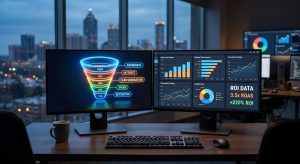 Dual monitors displaying a digital marketing funnel and CRM revenue charts, demonstrating data-driven Johns Creek PPC optimization