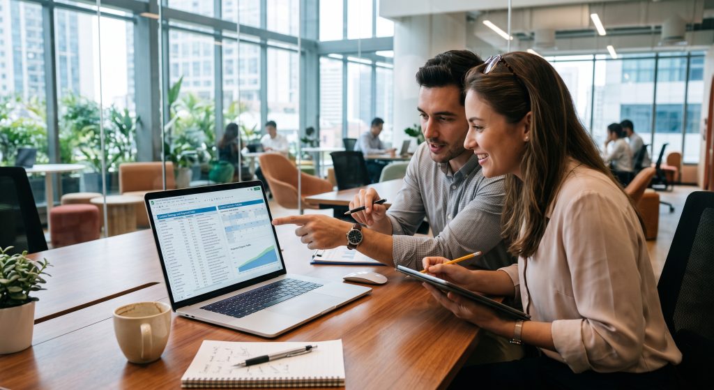 Marketing professionals reviewing keyword data and content strategy on a laptop, a key component of Johns Creek SEO Growth